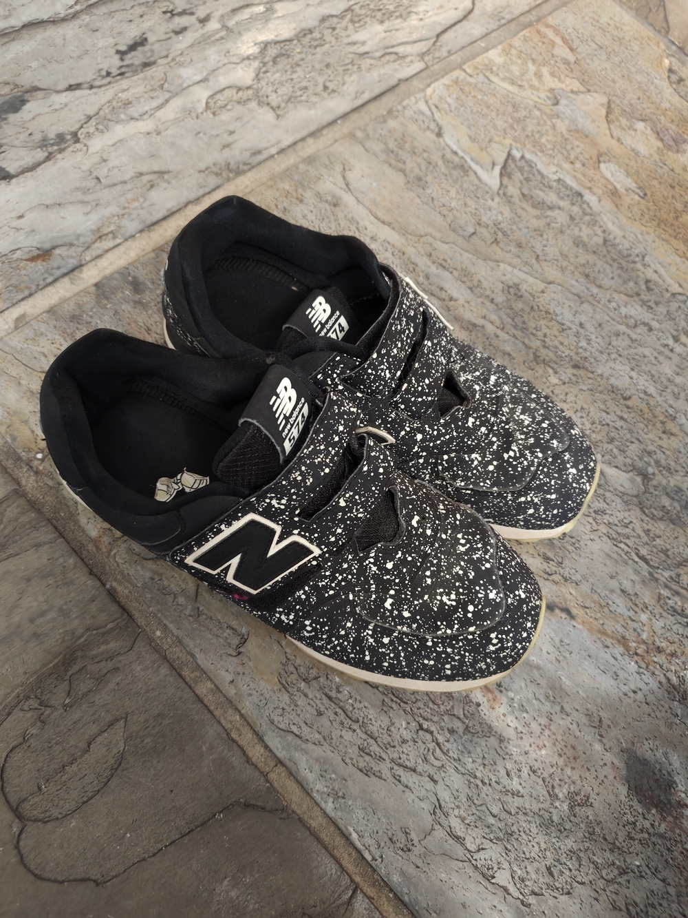 New Balance 574  Black White Speckle Space Edition Kids Velcro Sneakers